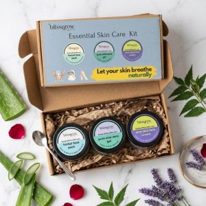 BlissGrow Essential Skincare Kit featuring Herbal Face Pack, Pure Aloe Vera Gel and Aloe Vera Face Cream in a natural skincare gift box.