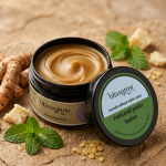 Close-up of BlissGrow herbal pain relief balm with natural ingredients