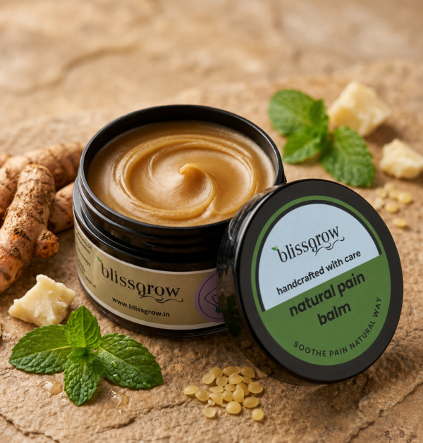 Close-up of BlissGrow herbal pain relief balm with natural ingredients