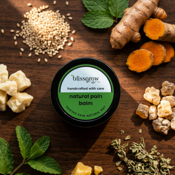 BlissGrow premium herbal pain balm with turmeric oil and frankincense